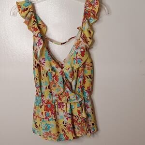 Lily White Women's Size Small Floral Ruffle Yellow Top. Fun Versatile